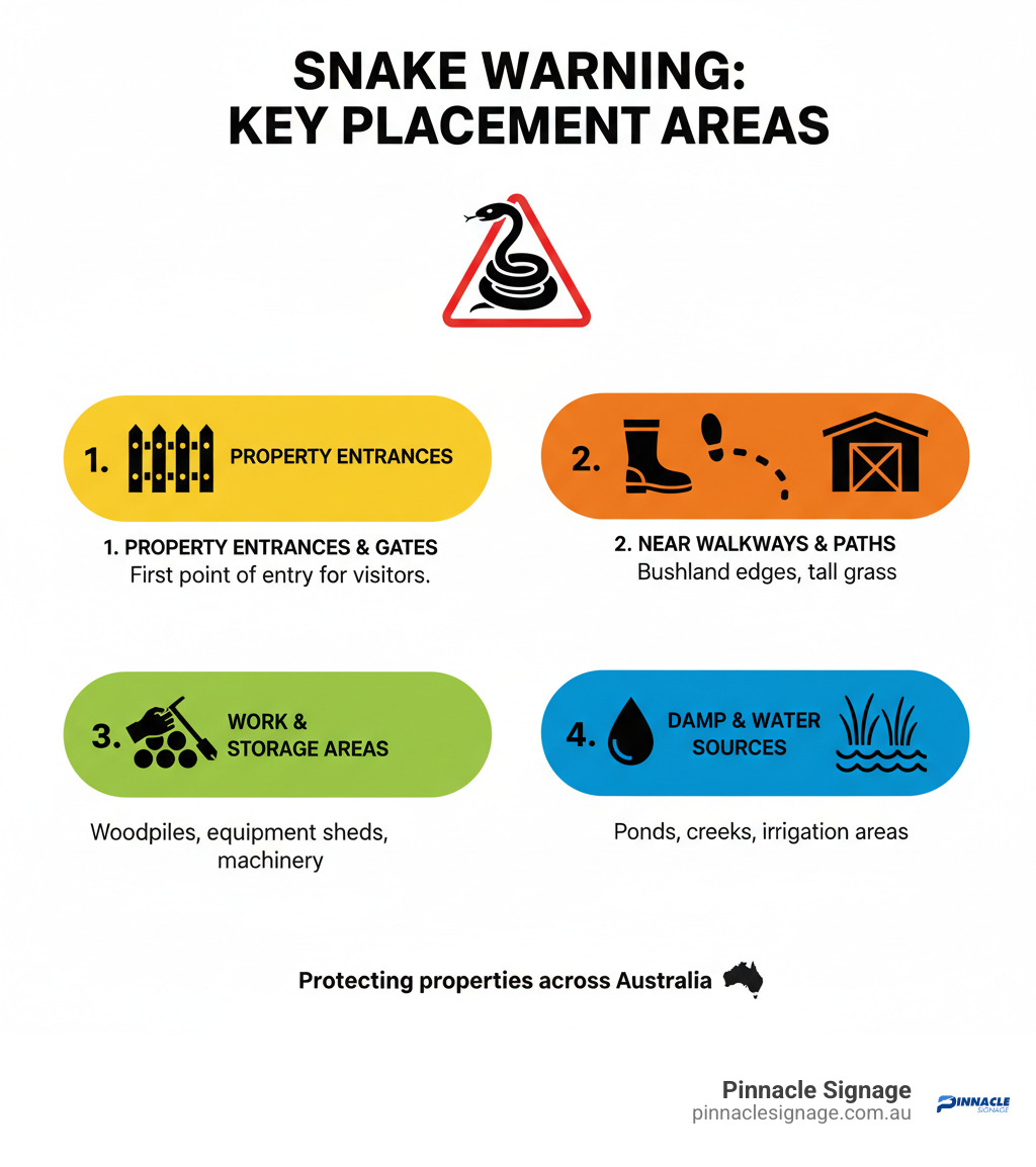 infographic explaining key areas to place warning signs on a rural property or worksite. - snake warning sign infographic 