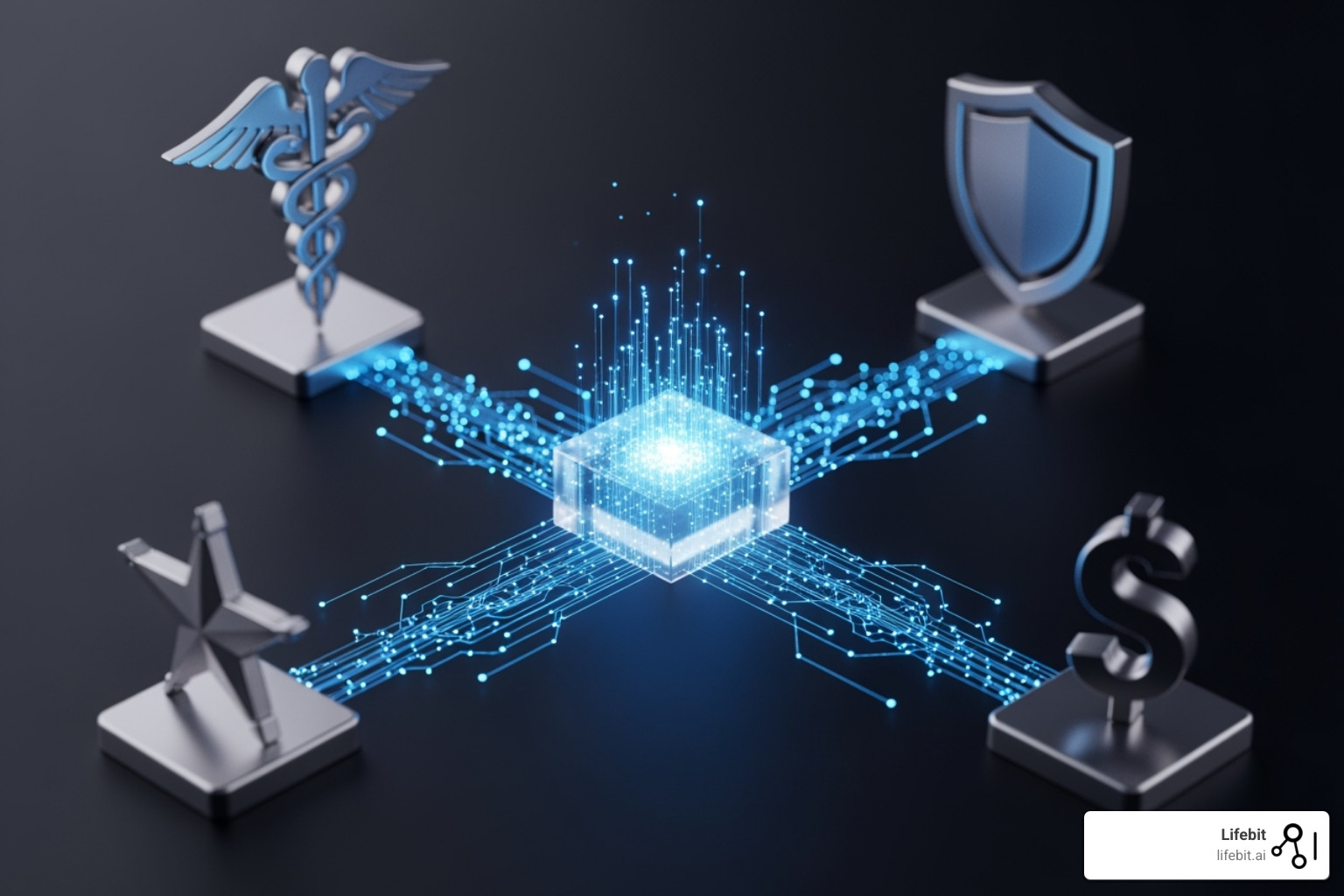 Image showing icons for different industries (pharma, cybersecurity, military, finance) connected to a central "Target Identification Analytics" hub, illustrating cross-industry application - target identification analytics