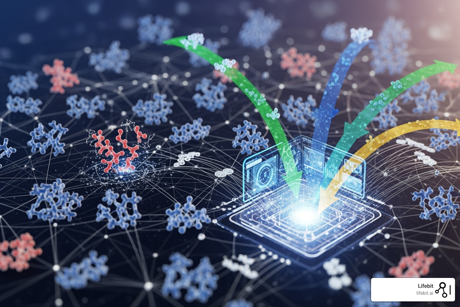 Image of a complex biological network with highlighted nodes representing potential targets, with arrows showing multi-omics data flowing into an analytical platform - target identification analytics