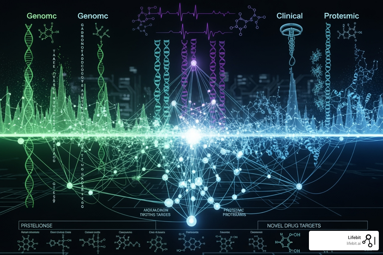 Image of a neural network processing various data inputs (genomic, proteomic, clinical) to identify novel drug targets, with connections highlighting data integration and AI-driven insights - target identification analytics