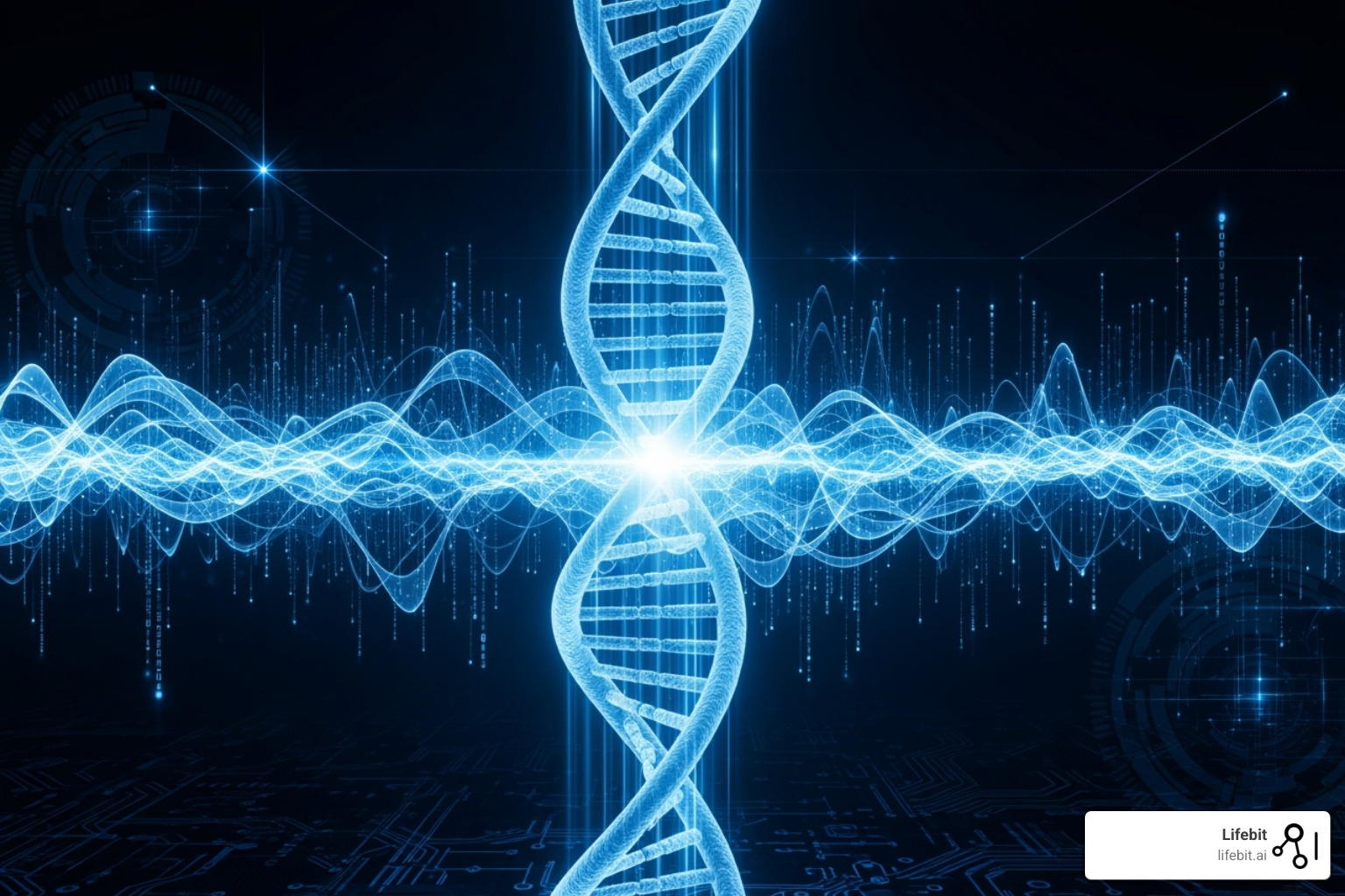 DNA double helix integrated with digital data streams representing genomics and data analytics - cloud computing healthcare