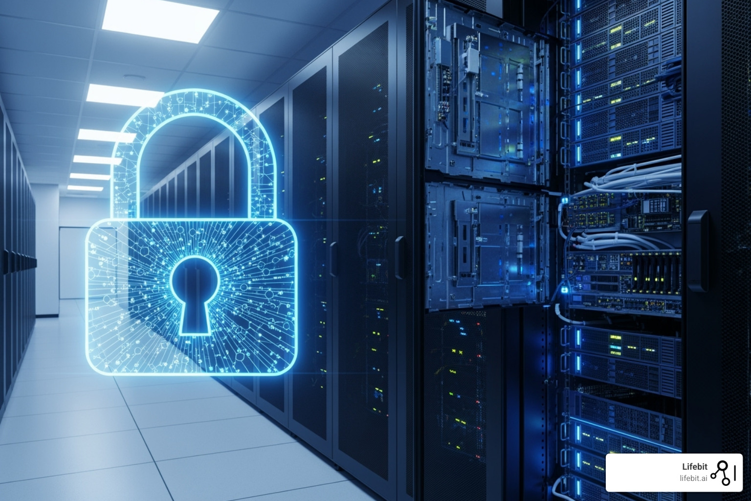 Secure data center with a lock icon overlay representing cybersecurity in cloud computing healthcare - cloud computing healthcare