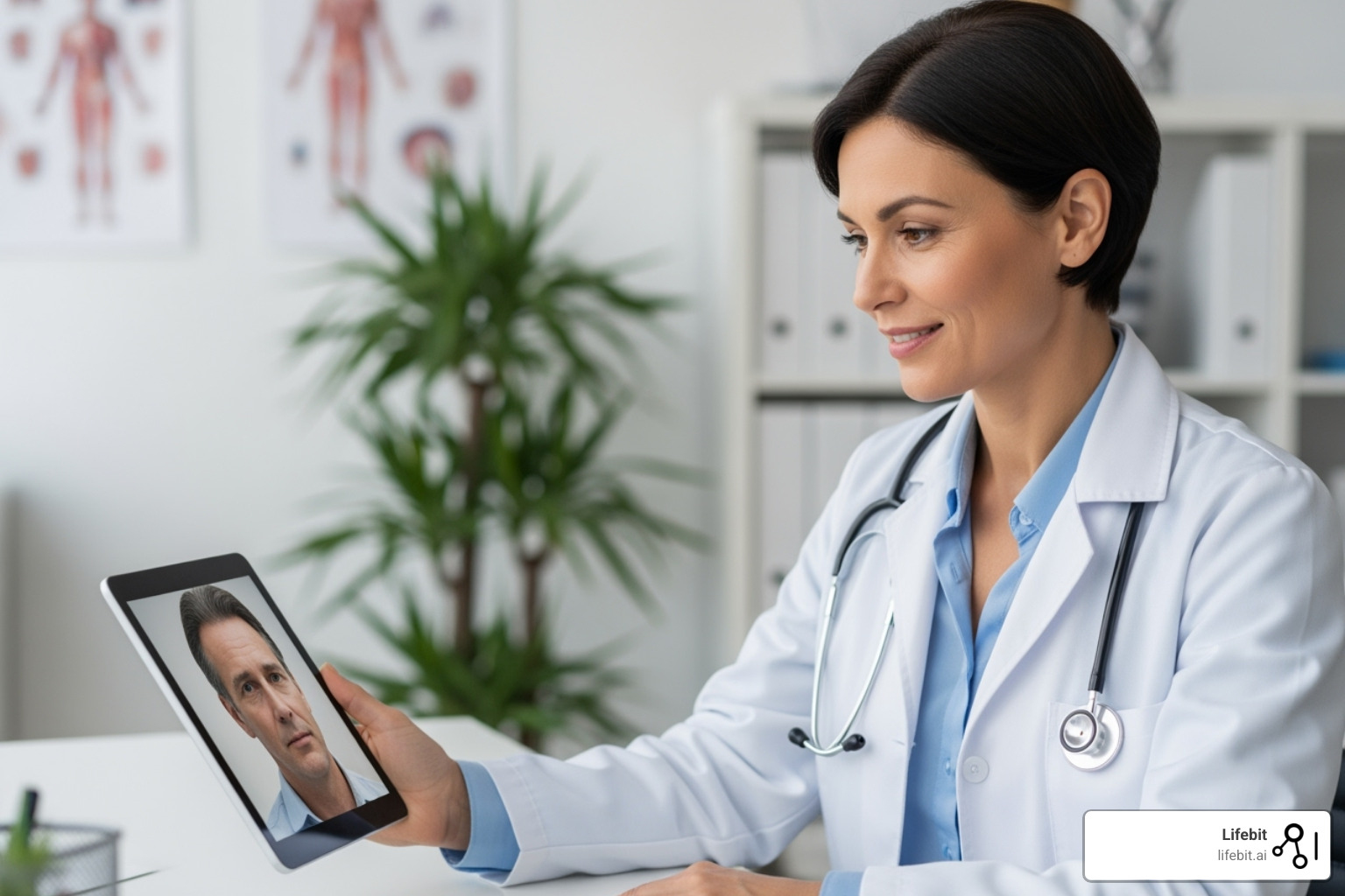 Doctor using a tablet for a telemedicine consultation with a patient - cloud computing healthcare