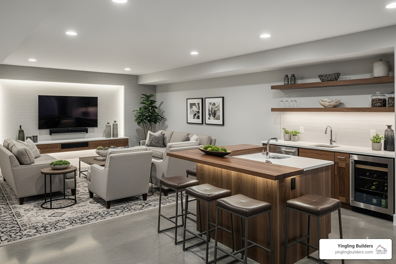 A modern custom basement renovation featuring a spacious entertainment area, a built-in wet bar, comfortable seating, and strategic lighting, perfect for gatherings - custom home renovation