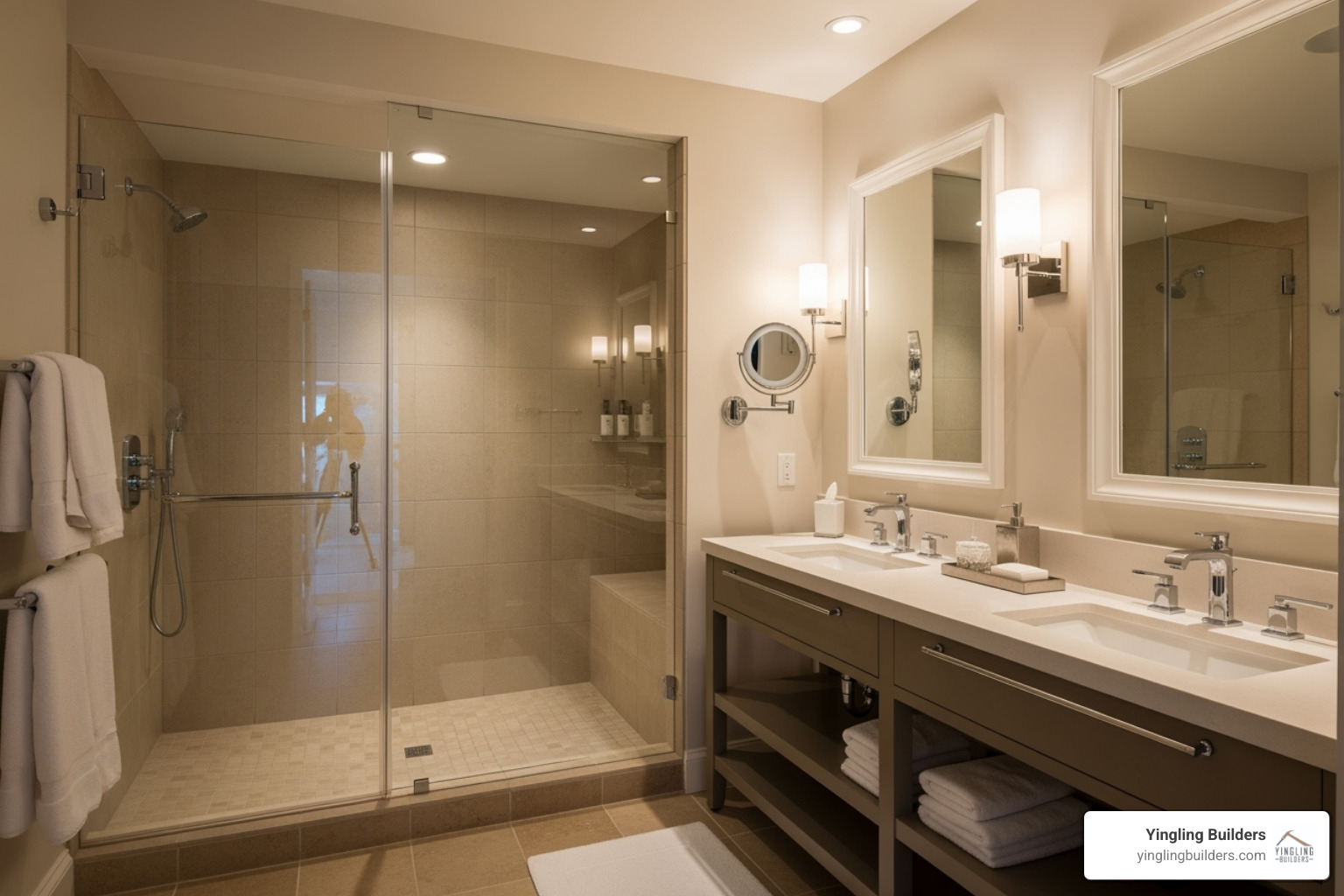 A luxurious spa-style custom bathroom renovation featuring a large walk-in shower, heated tile flooring, a sleek double vanity, and soft, inviting lighting - custom home renovation