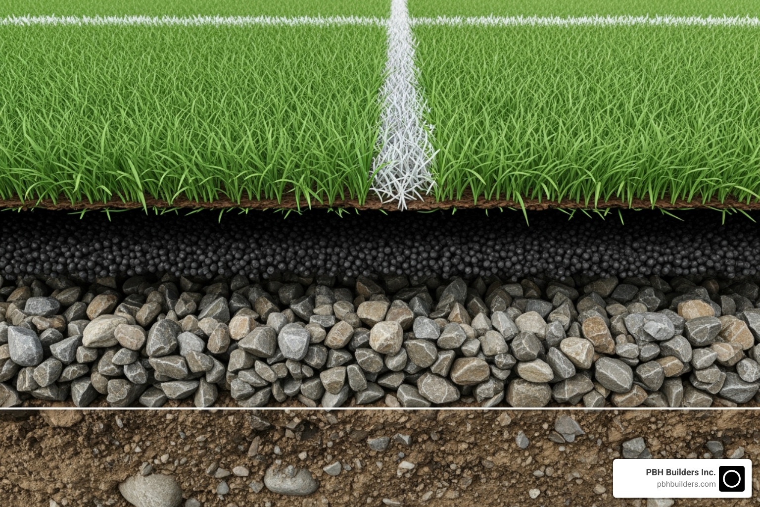 Cross-section of an artificial turf installation showing the base layers, turf, and infill - artificial grass contractors