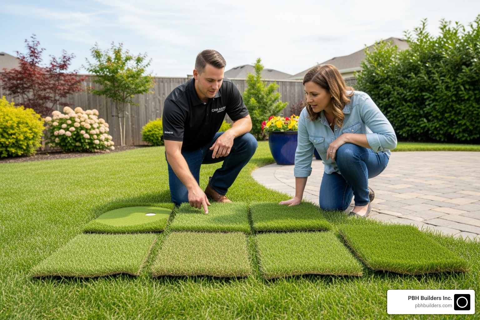 Professional contractor showing turf samples to a homeowner - artificial grass contractors
