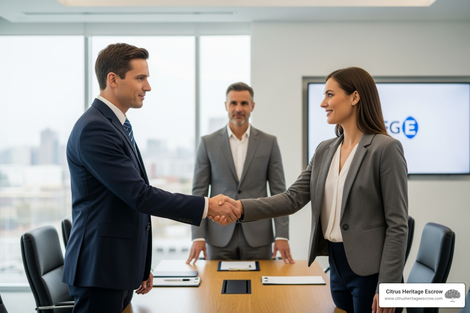 two parties shaking hands with a neutral mediator between them - Escrow and Risk Mitigation: How Escrow Resolves Disputes and Protects Parties two parties shaking hands with a neutral mediator between them - Escrow and Risk Mitigation: How Escrow Resolves Disputes and Protects Parties