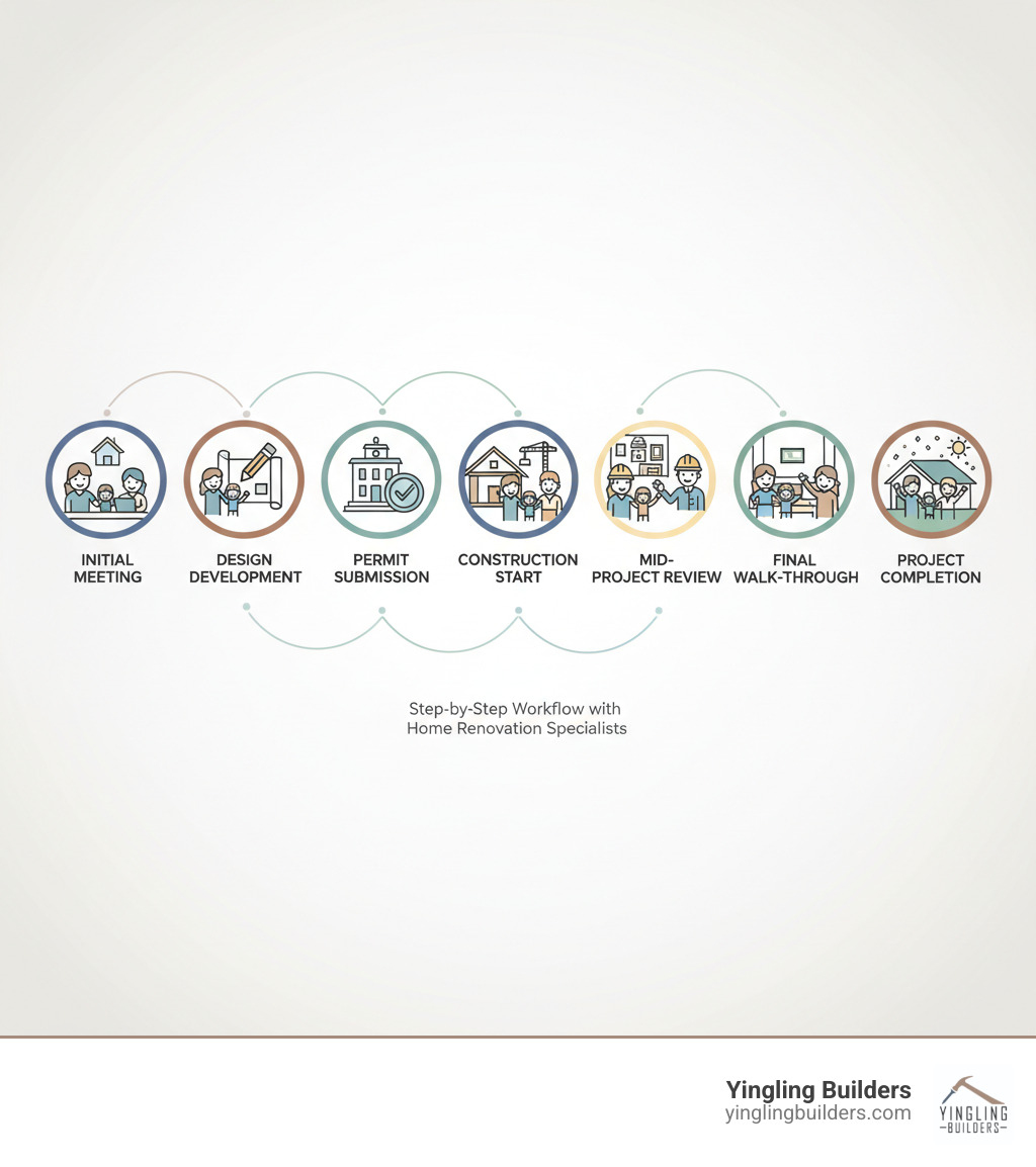 Infographic showing project milestones: initial meeting, design development, permit submission, construction start, mid-project review, final walk-through, project completion, with a happy family at each stage - home renovation specialists infographic  Infographic showing project milestones: initial meeting, design development, permit submission, construction start, mid-project review, final walk-through, project completion, with a happy family at each stage - home renovation specialists infographic