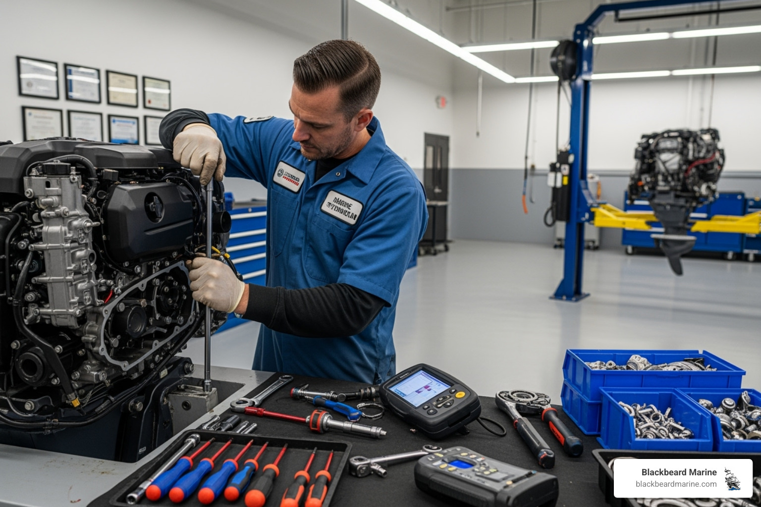 A certified technician working on a Yamaha outboard - Skeeter Bass Boats Missouri