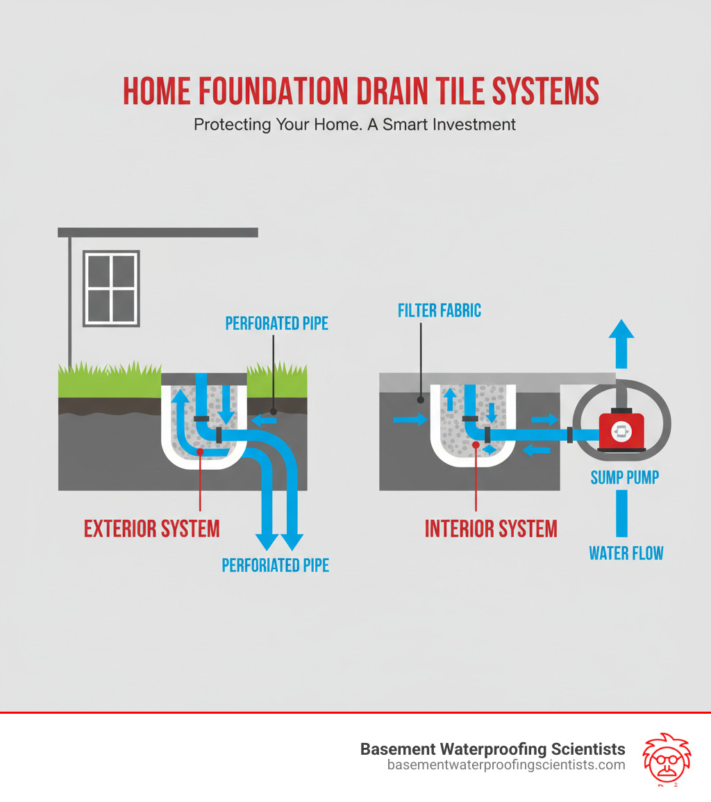 infographic showing cross-section of a home foundation with interior and exterior drain tile systems, including labeled components: perforated pipe, gravel bed, filter fabric, sump pump, and arrows showing water flow direction away from foundation - how much does drain tile installation cost infographic infographic showing cross-section of a home foundation with interior and exterior drain tile systems, including labeled components: perforated pipe, gravel bed, filter fabric, sump pump, and arrows showing water flow direction away from foundation - how much does drain tile installation cost infographic