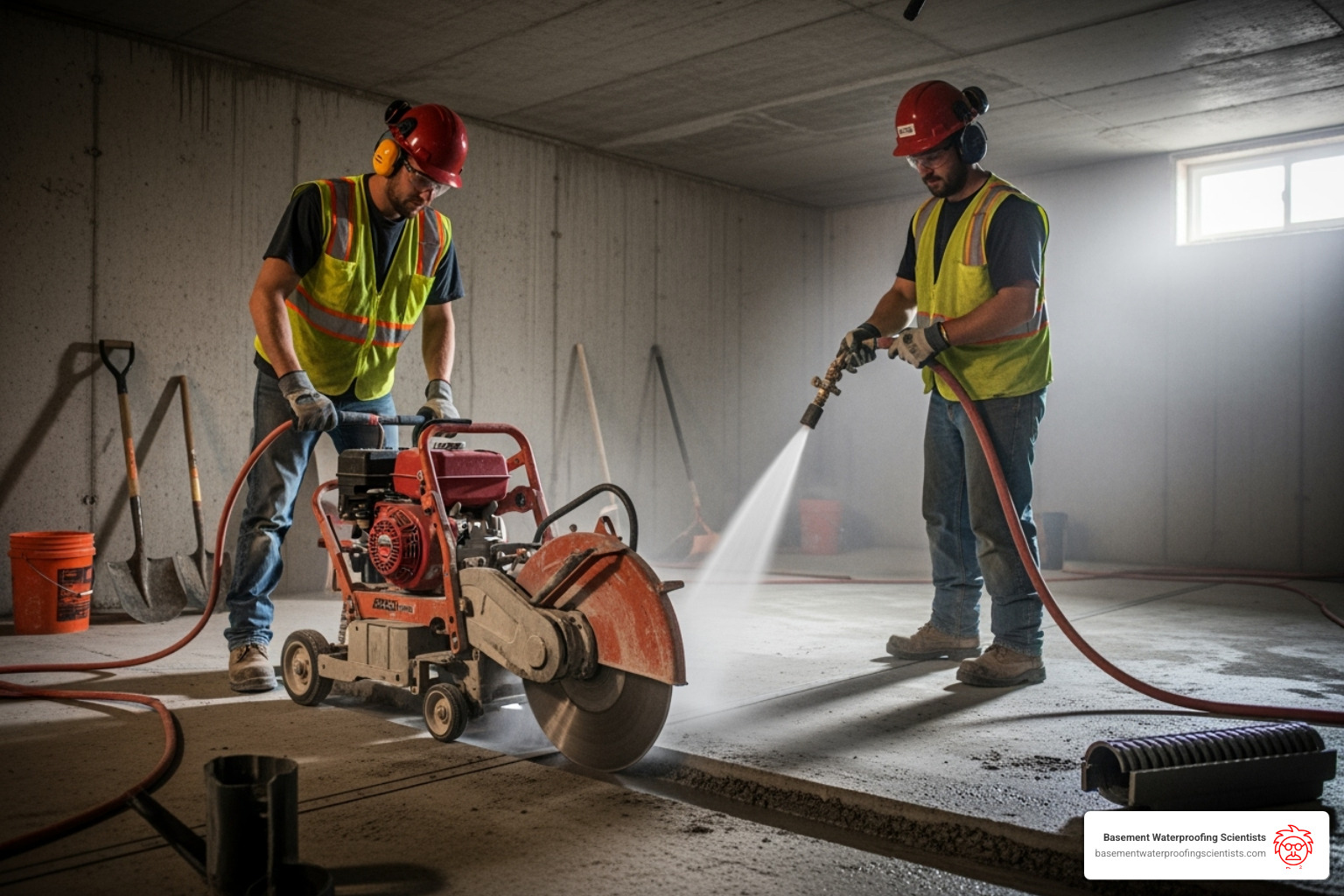 workers cutting concrete for interior drain tile - how much does drain tile installation cost workers cutting concrete for interior drain tile - how much does drain tile installation cost