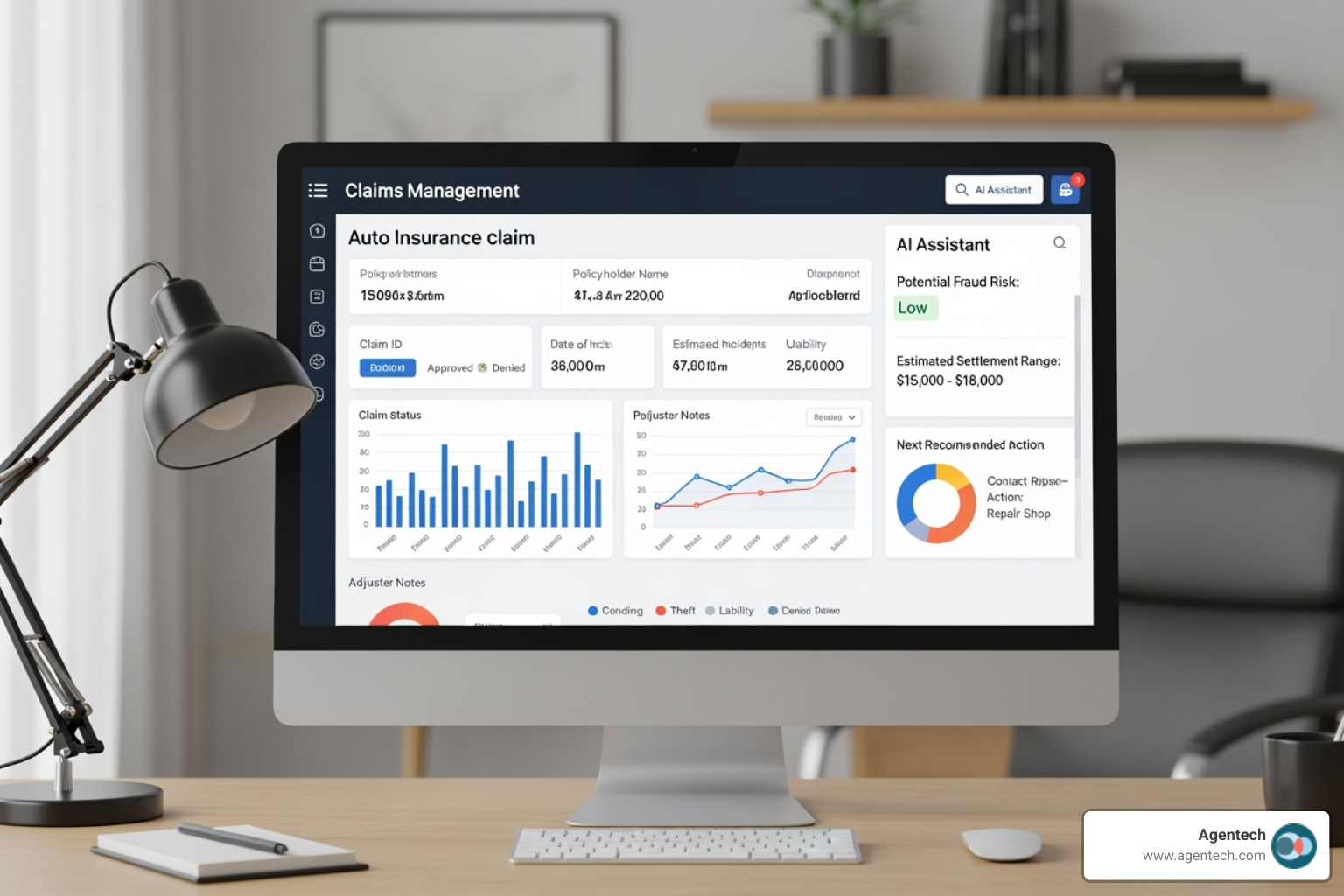 claims management software dashboard with an integrated AI assistant providing insights on a complex auto claim - agentic ai frameworks