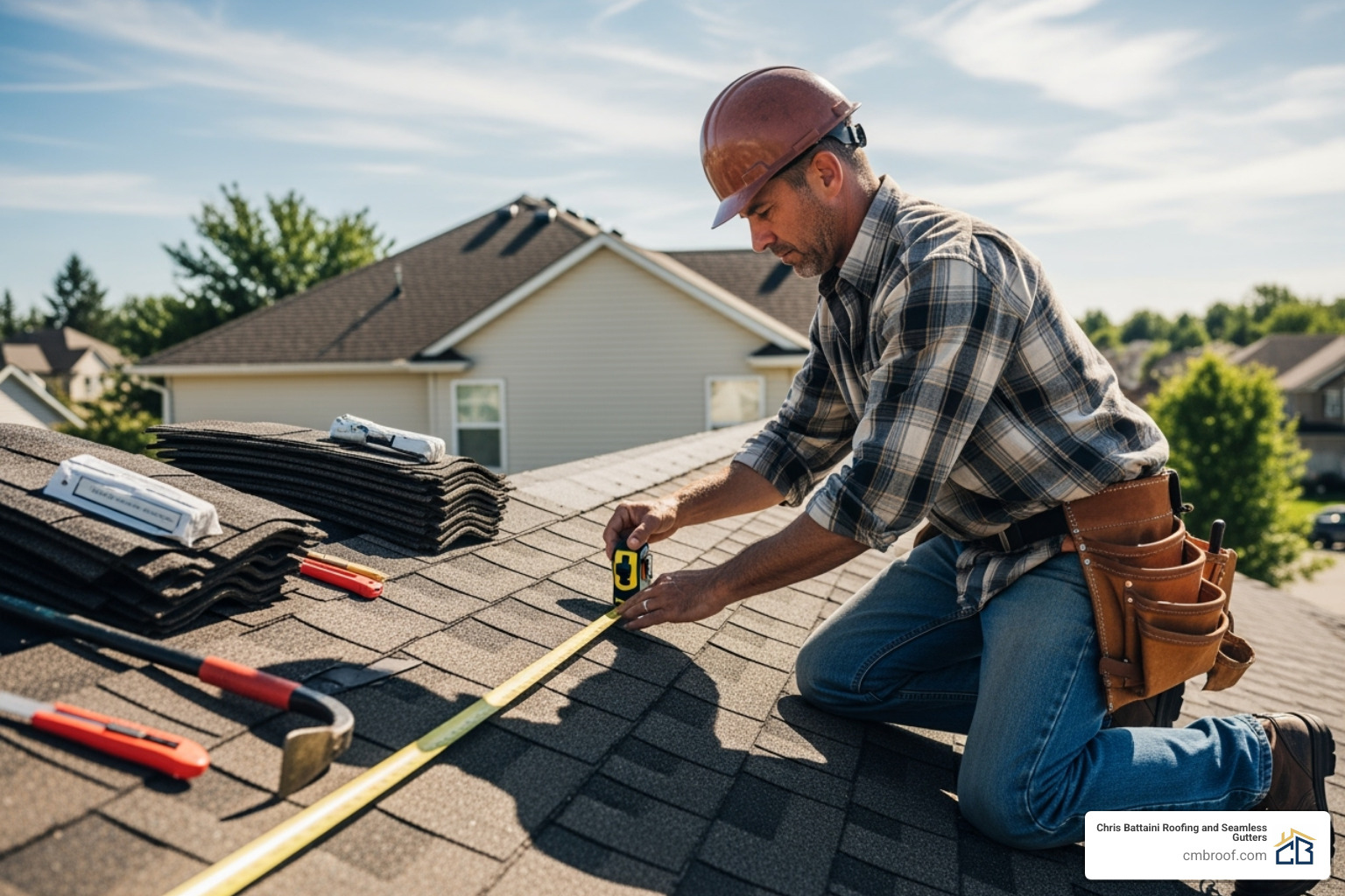 roofer measuring a roof section - complete roof replacement
