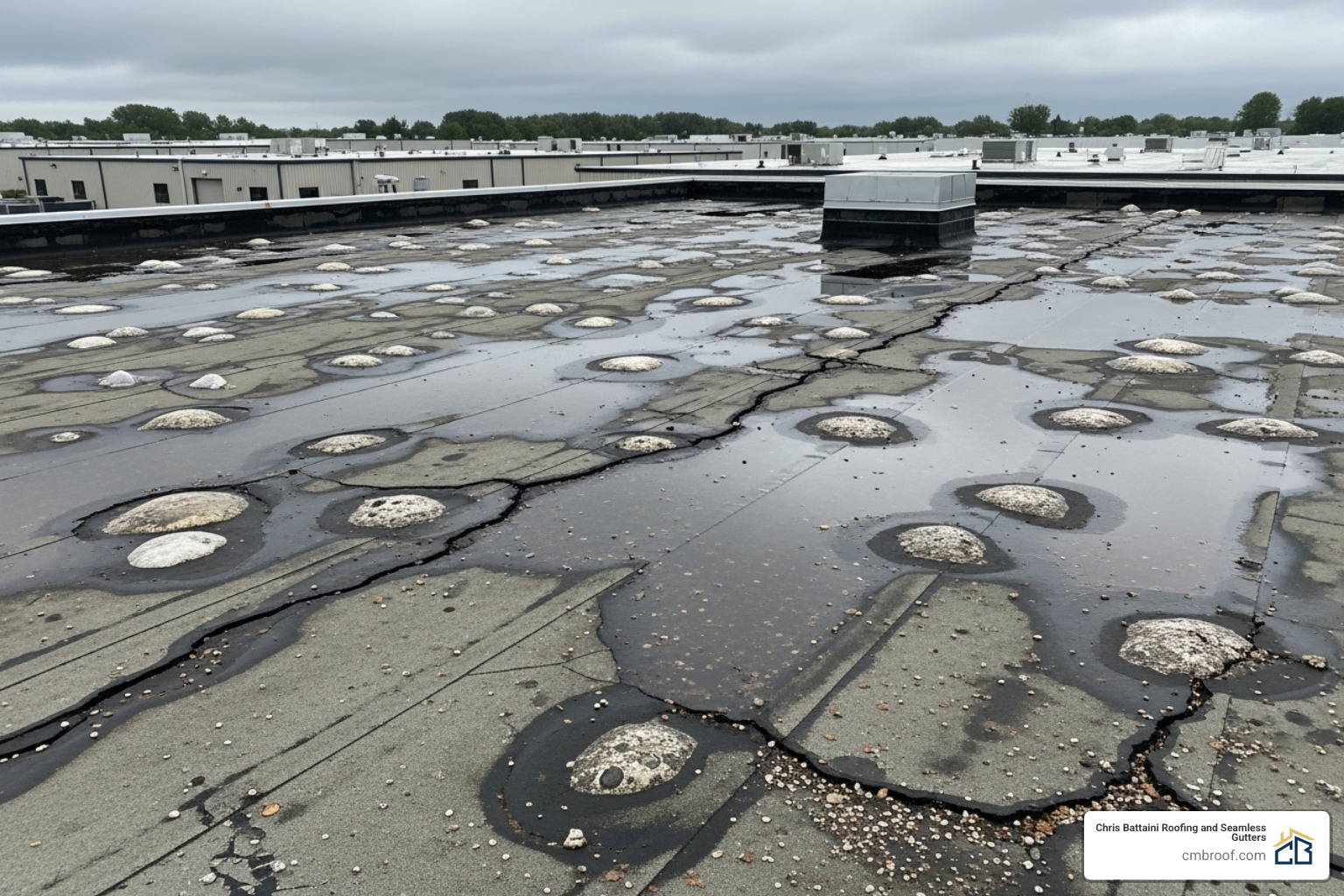 damaged commercial roof showing blisters, cracks, and ponding water - Commercial Roof Replacement