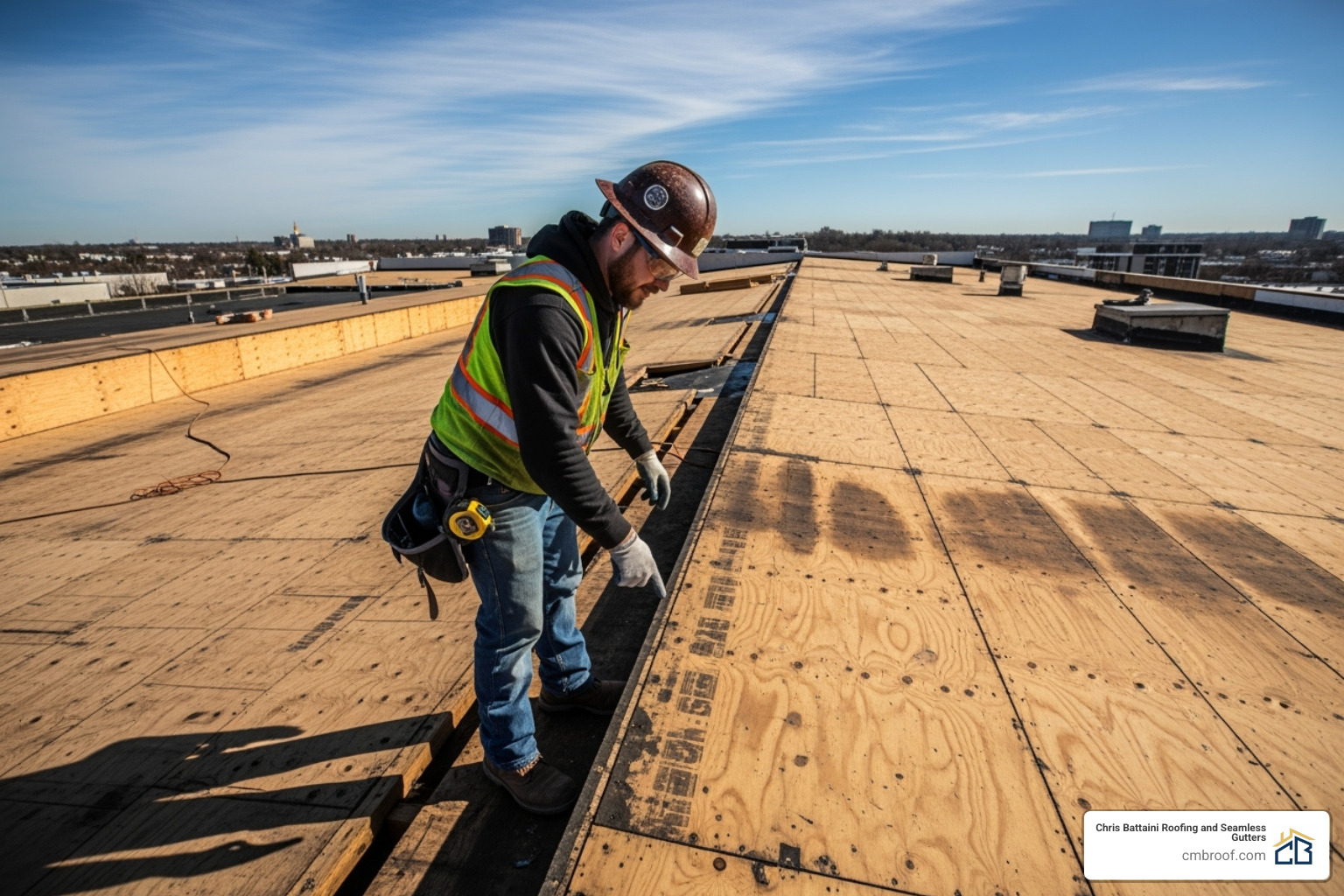 roofer inspecting a commercial roof deck after tear-off - Commercial Roof Replacement