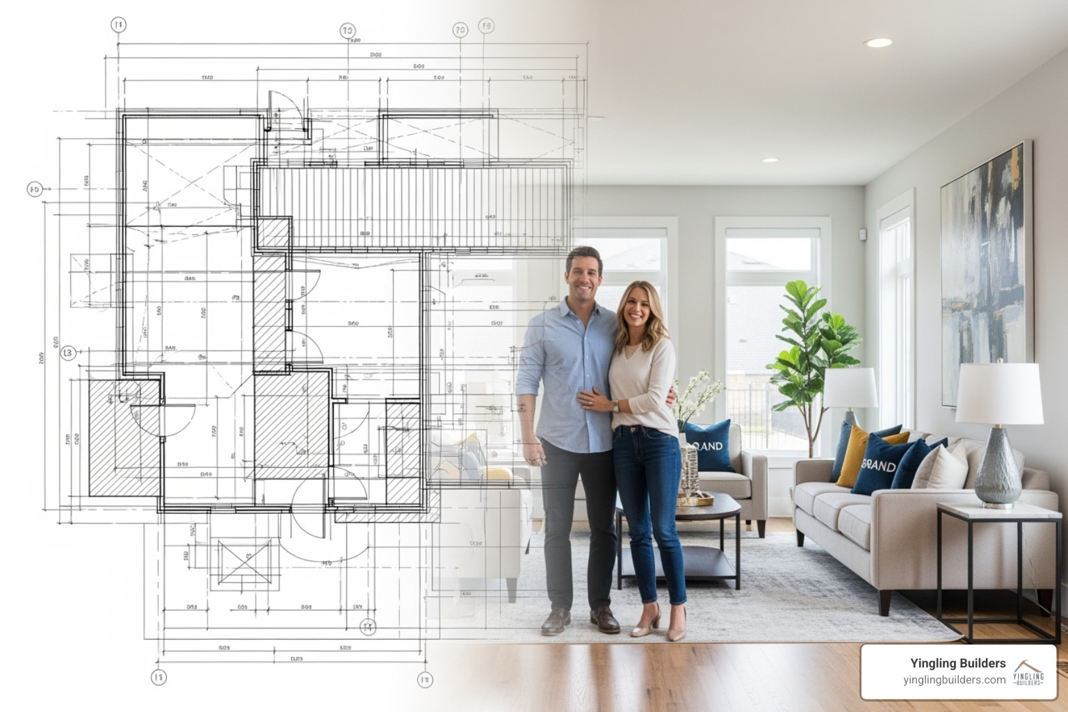 A detailed architectural blueprint transitioning into a finished home interior, symbolizing the journey from concept to reality in custom home building, with male and female figures smiling at the completed home - move-in ready custom homes