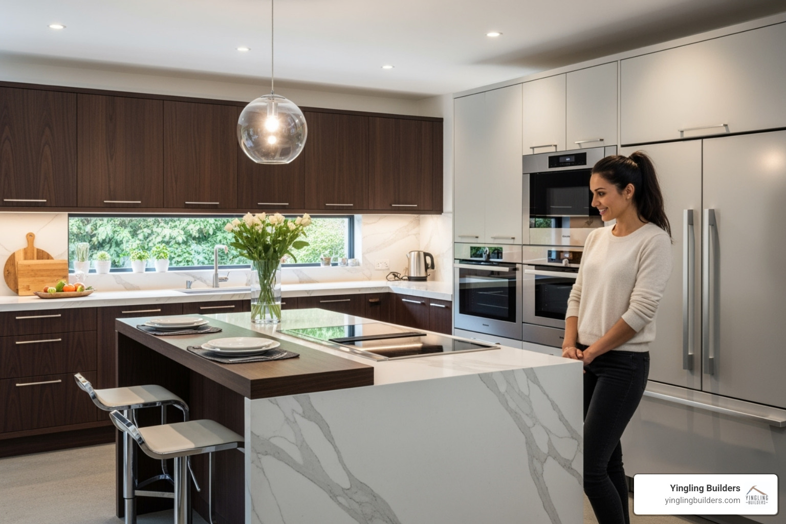 A high-end kitchen with premium finishes and appliances, showcasing elegant design and quality materials, with a female figure admiring the space - move-in ready custom homes