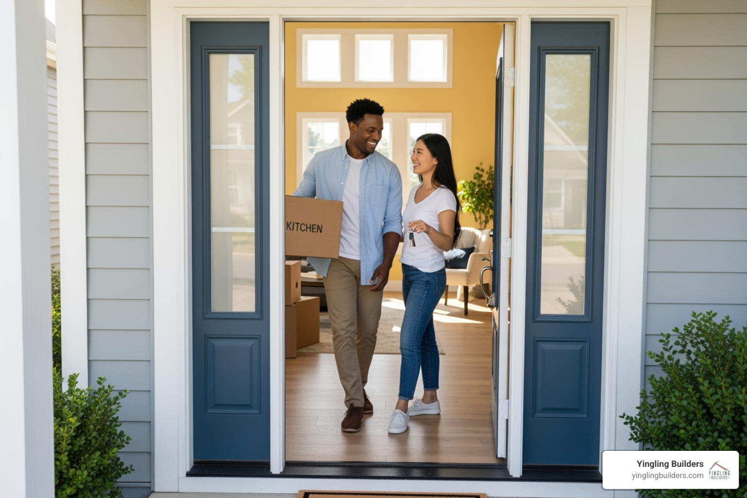 A couple happily opening the front door of their new home, with a bright and welcoming interior, symbolizing a joyful move-in experience and new beginnings - move-in ready custom homes
