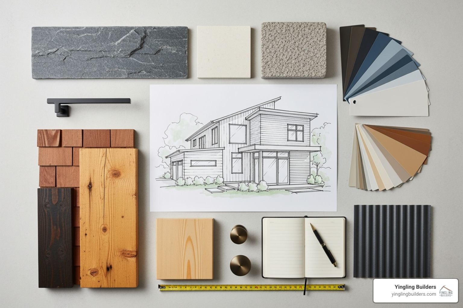 mood board showing premium material samples like stone, wood, and dark metal, with design sketches and color swatches - exterior home renovation