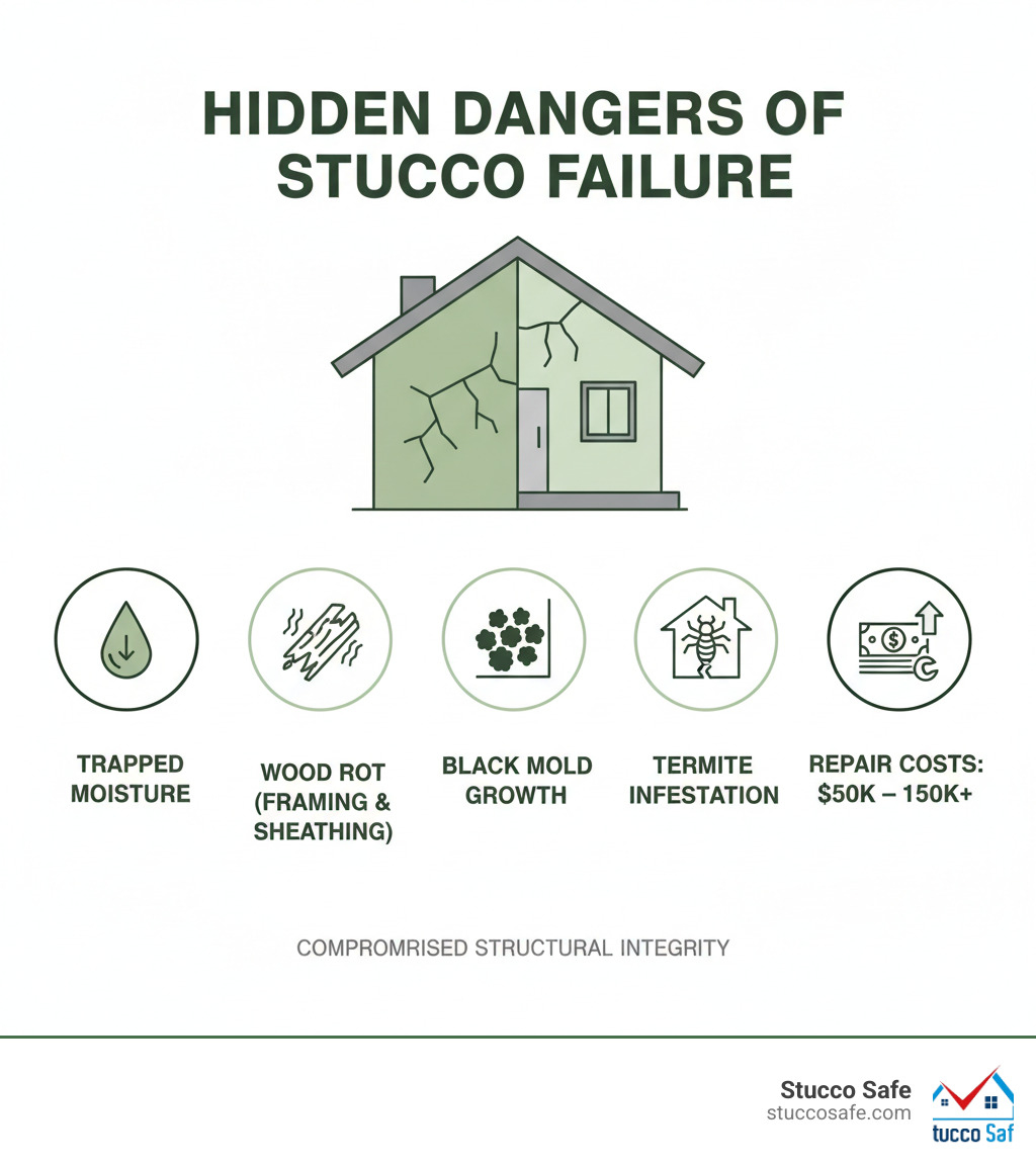 Infographic showing the hidden dangers of stucco failure including trapped moisture behind the facade leading to wood rot in framing and sheathing, black mold growth on interior walls, compromised structural integrity of the building envelope, termite infestation in damaged wood, and repair costs ranging from $50,000 to over $150,000 for full remediation - stucco inspector Chester County infographic  Infographic showing the hidden dangers of stucco failure including trapped moisture behind the facade leading to wood rot in framing and sheathing, black mold growth on interior walls, compromised structural integrity of the building envelope, termite infestation in damaged wood, and repair costs ranging from $50,000 to over $150,000 for full remediation - stucco inspector Chester County infographic