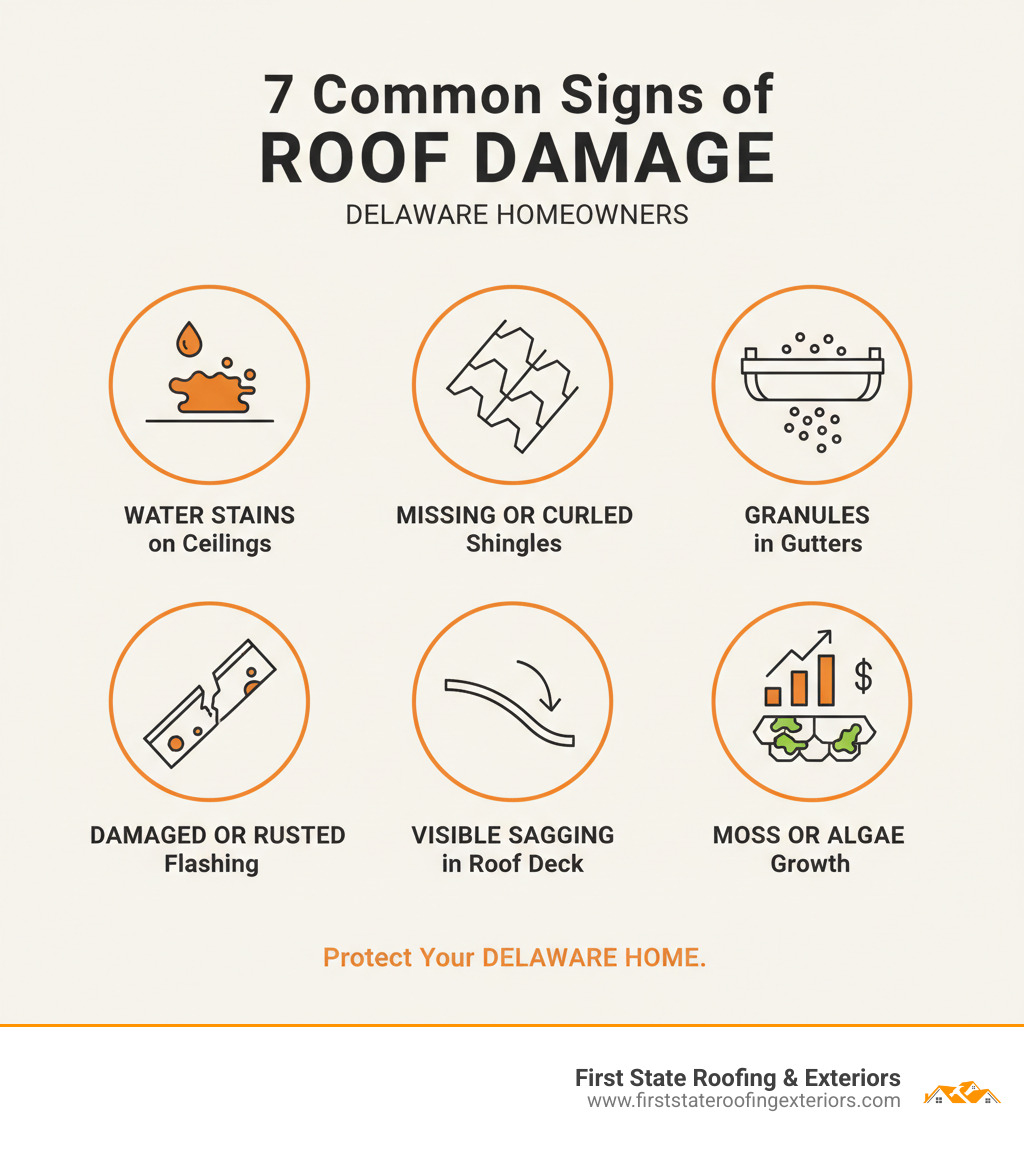 Infographic showing the 7 most common signs of roof damage for Delaware homeowners: water stains on ceilings, missing or curled shingles, granules accumulating in gutters, damaged or rusted roof flashing, visible sagging in the roof deck, unexplained increases in energy bills, and moss or algae growth on shingles - delaware roof infographic Infographic showing the 7 most common signs of roof damage for Delaware homeowners: water stains on ceilings, missing or curled shingles, granules accumulating in gutters, damaged or rusted roof flashing, visible sagging in the roof deck, unexplained increases in energy bills, and moss or algae growth on shingles - delaware roof infographic
