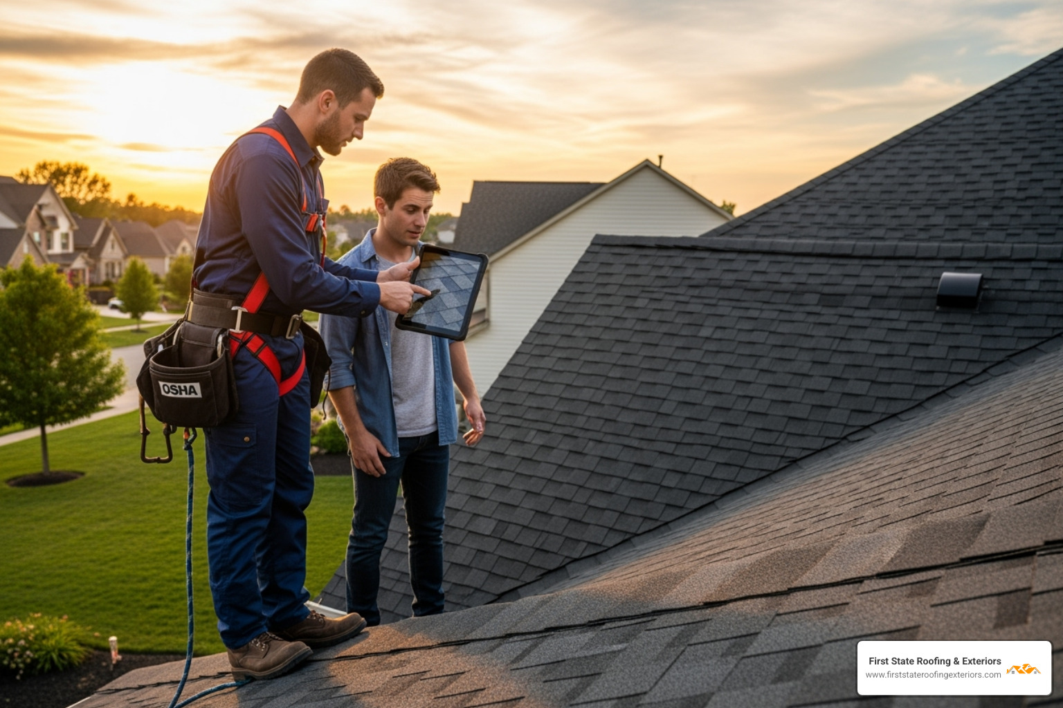 Professional roofer showing a homeowner an issue on a tablet while wearing proper safety harness - delaware roof Professional roofer showing a homeowner an issue on a tablet while wearing proper safety harness - delaware roof
