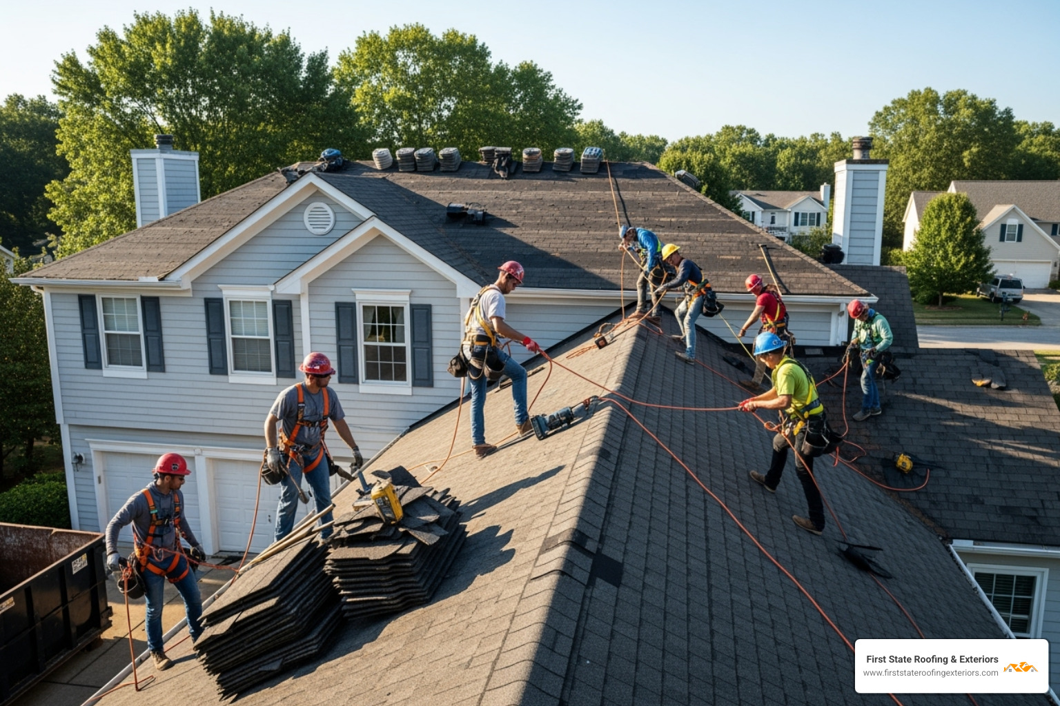 Roofing crew working on a roof replacement in Delaware, all wearing proper safety harnesses - delaware roof Roofing crew working on a roof replacement in Delaware, all wearing proper safety harnesses - delaware roof