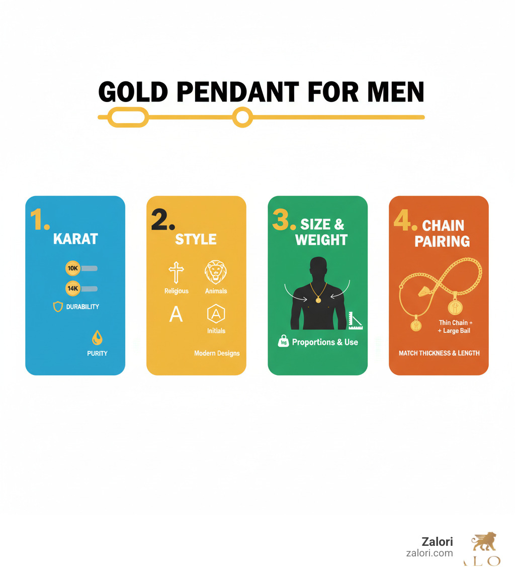 Infographic showing four key factors in choosing a gold pendant for men: 1. Karat - 10k for durability, 14k for balance, 18k for purity; 2. Style - Religious symbols, animals, initials, or modern geometric designs; 3. Size and Weight - Consider proportions relative to your build and intended use; 4. Chain Pairing - Match pendant bail size with appropriate chain thickness and length - gold pendant for men infographic Infographic showing four key factors in choosing a gold pendant for men: 1. Karat - 10k for durability, 14k for balance, 18k for purity; 2. Style - Religious symbols, animals, initials, or modern geometric designs; 3. Size and Weight - Consider proportions relative to your build and intended use; 4. Chain Pairing - Match pendant bail size with appropriate chain thickness and length - gold pendant for men infographic