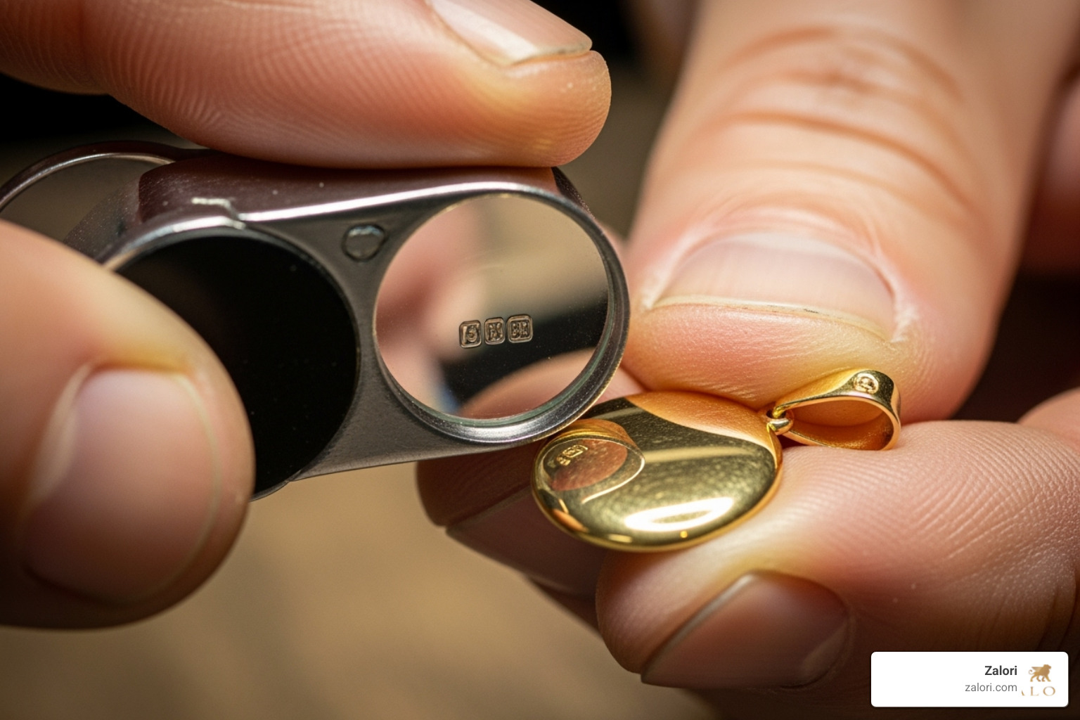 Jeweler's loupe examining the hallmark on a gold pendant - gold pendant for men Jeweler's loupe examining the hallmark on a gold pendant - gold pendant for men