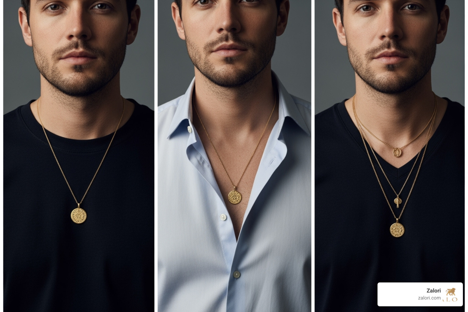 Different ways to style a gold pendant: over a t-shirt, under a button-down shirt, and layered with other necklaces - gold pendant for men Different ways to style a gold pendant: over a t-shirt, under a button-down shirt, and layered with other necklaces - gold pendant for men