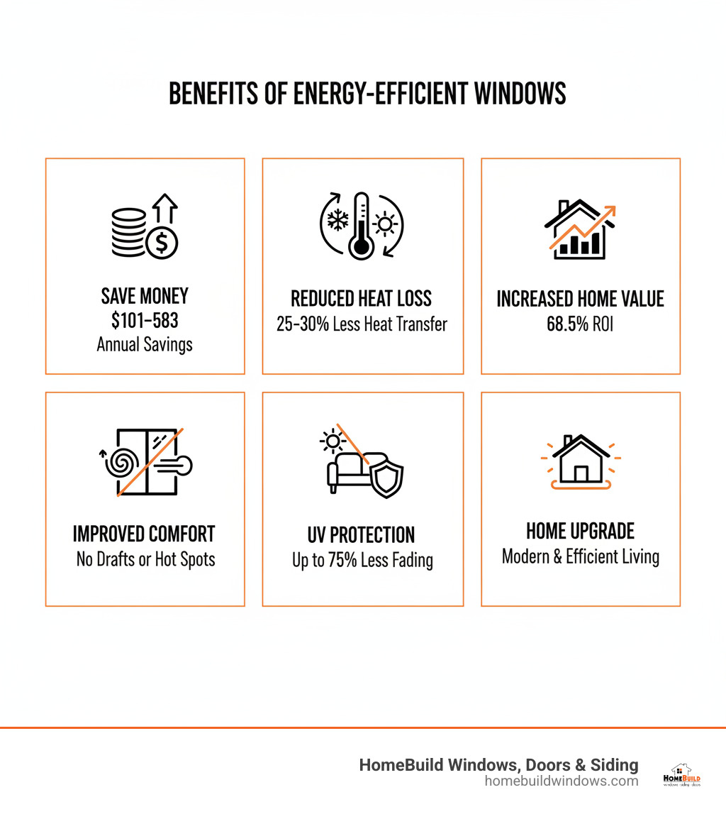infographic showing the main benefits of energy-efficient windows including annual energy savings of $101-$583, 25-30% reduction in heat loss, 68.5% ROI on window replacement, improved comfort through elimination of drafts and hot spots, UV protection reducing fading by up to 75%, and increased home value - energy efficient windows infographic infographic showing the main benefits of energy-efficient windows including annual energy savings of $101-$583, 25-30% reduction in heat loss, 68.5% ROI on window replacement, improved comfort through elimination of drafts and hot spots, UV protection reducing fading by up to 75%, and increased home value - energy efficient windows infographic
