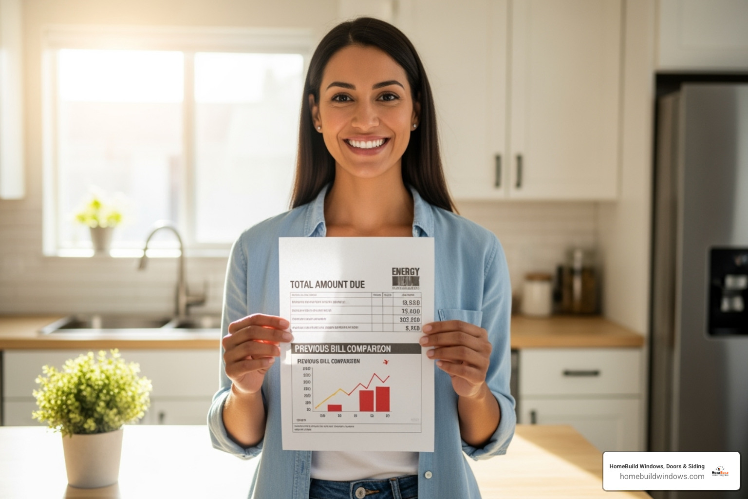 homeowner looking happily at a lower energy bill - energy efficient windows homeowner looking happily at a lower energy bill - energy efficient windows