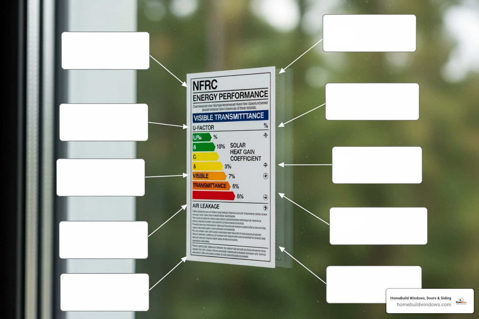 NFRC label on a window with callouts explaining each metric - energy efficient windows NFRC label on a window with callouts explaining each metric - energy efficient windows