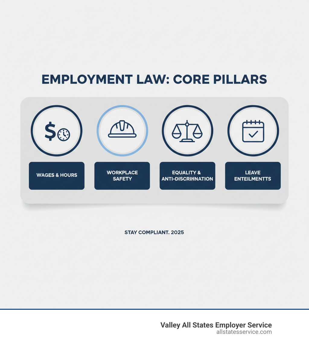 Infographic showing the four core pillars of employment law: a dollar sign representing Wages and Hours, a hard hat representing Workplace Safety, balanced scales representing Equality and Anti-Discrimination, and a calendar representing Leave Entitlements - employment law laws infographic 