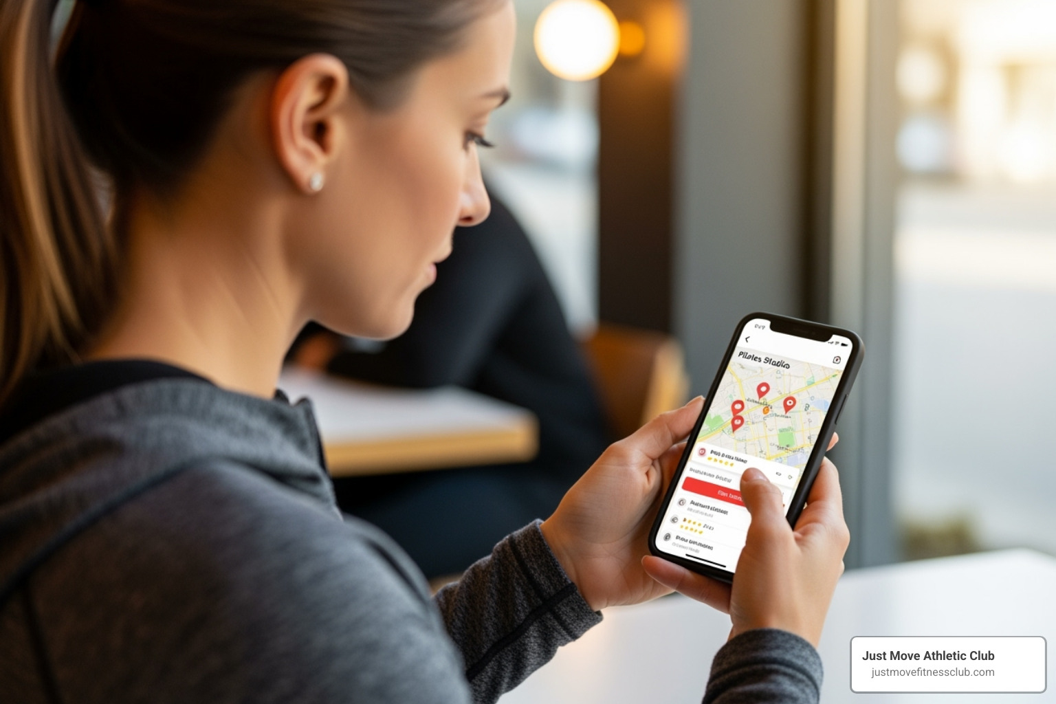 A woman using her smartphone to search for local Pilates studios, with a map and studio listings on the screen - pilates introductory offer