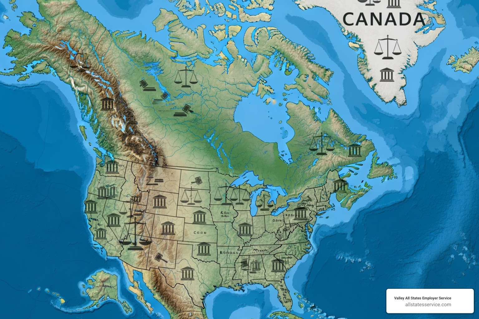 A map showing the US and Canada with legal symbols over each country - employment law laws