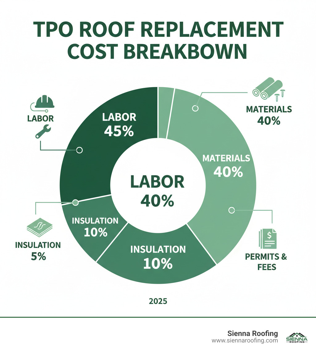 Infographic showing TPO roof replacement cost breakdown: Materials 40%, Labor 45%, Insulation 10%, Permits and Fees 5% - tpo roof replacement cost infographic 