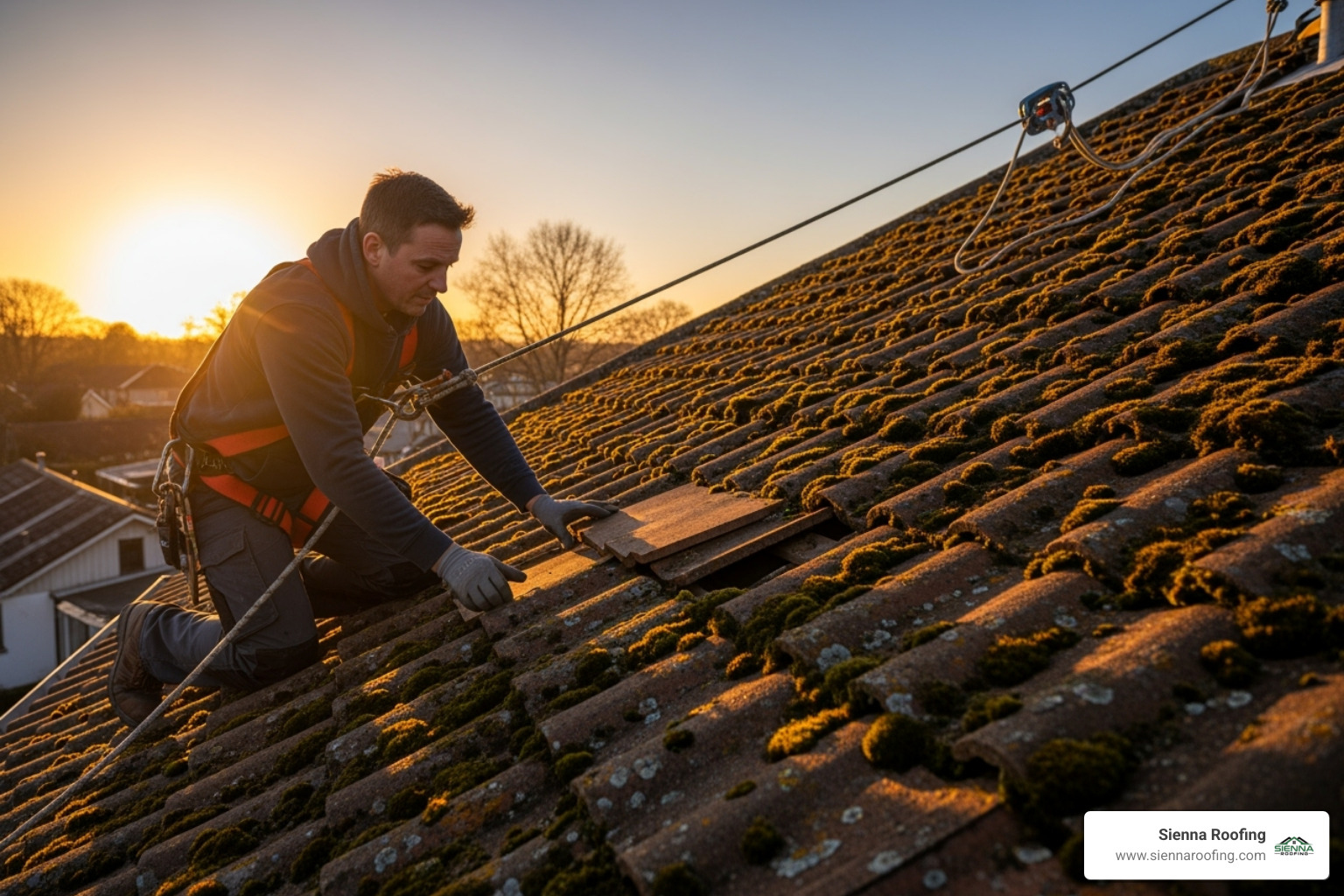 A damaged tile roof showing moss growth and cracked tiles, with a roofer wearing a safety harness inspecting the damage - tile roof restoration near me A damaged tile roof showing moss growth and cracked tiles, with a roofer wearing a safety harness inspecting the damage - tile roof restoration near me