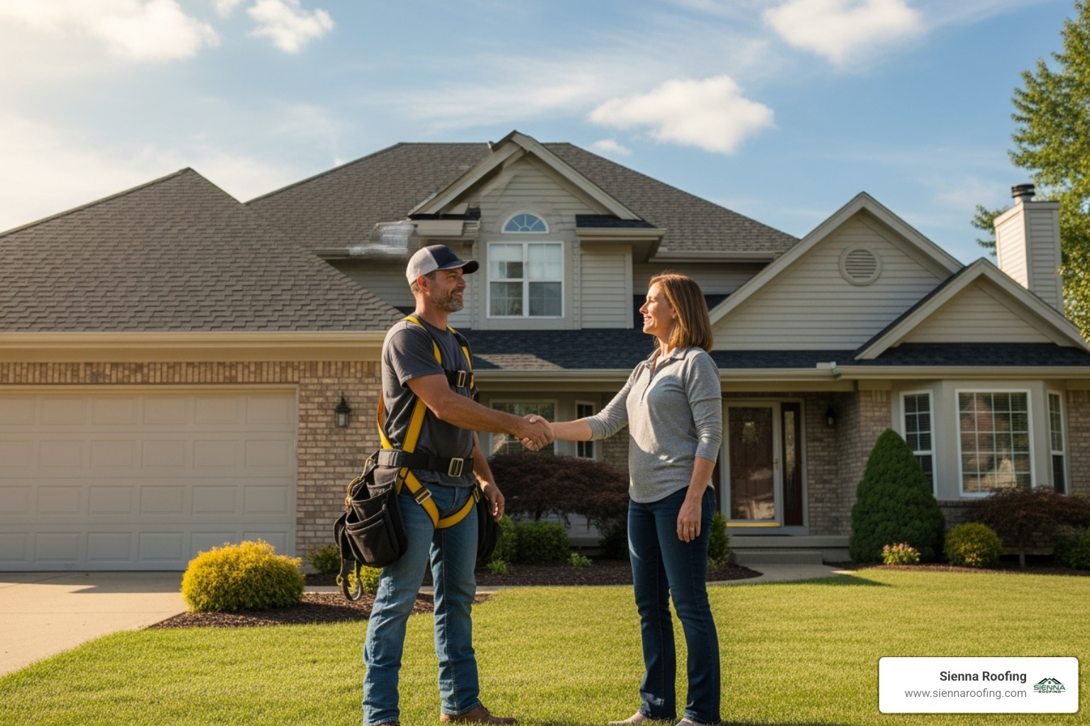 Roofer in safety harness shaking hands with homeowner - tile roof restoration near me Roofer in safety harness shaking hands with homeowner - tile roof restoration near me