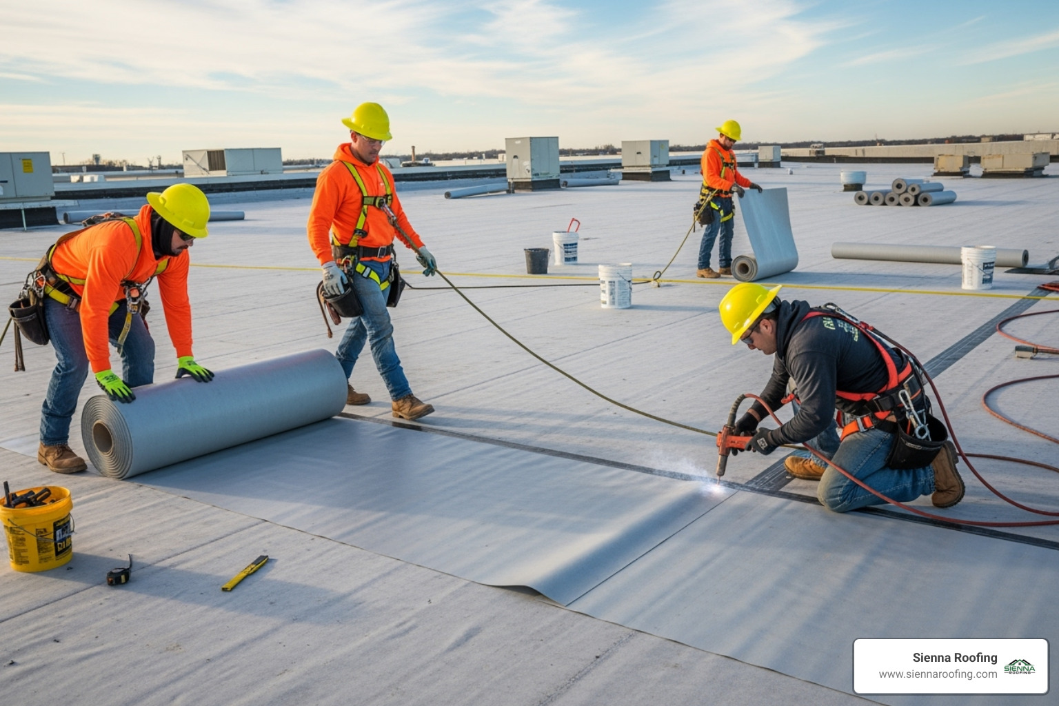 Roofing crew installing a new TPO membrane with proper safety harnesses - TPO roof replacement Roofing crew installing a new TPO membrane with proper safety harnesses - TPO roof replacement