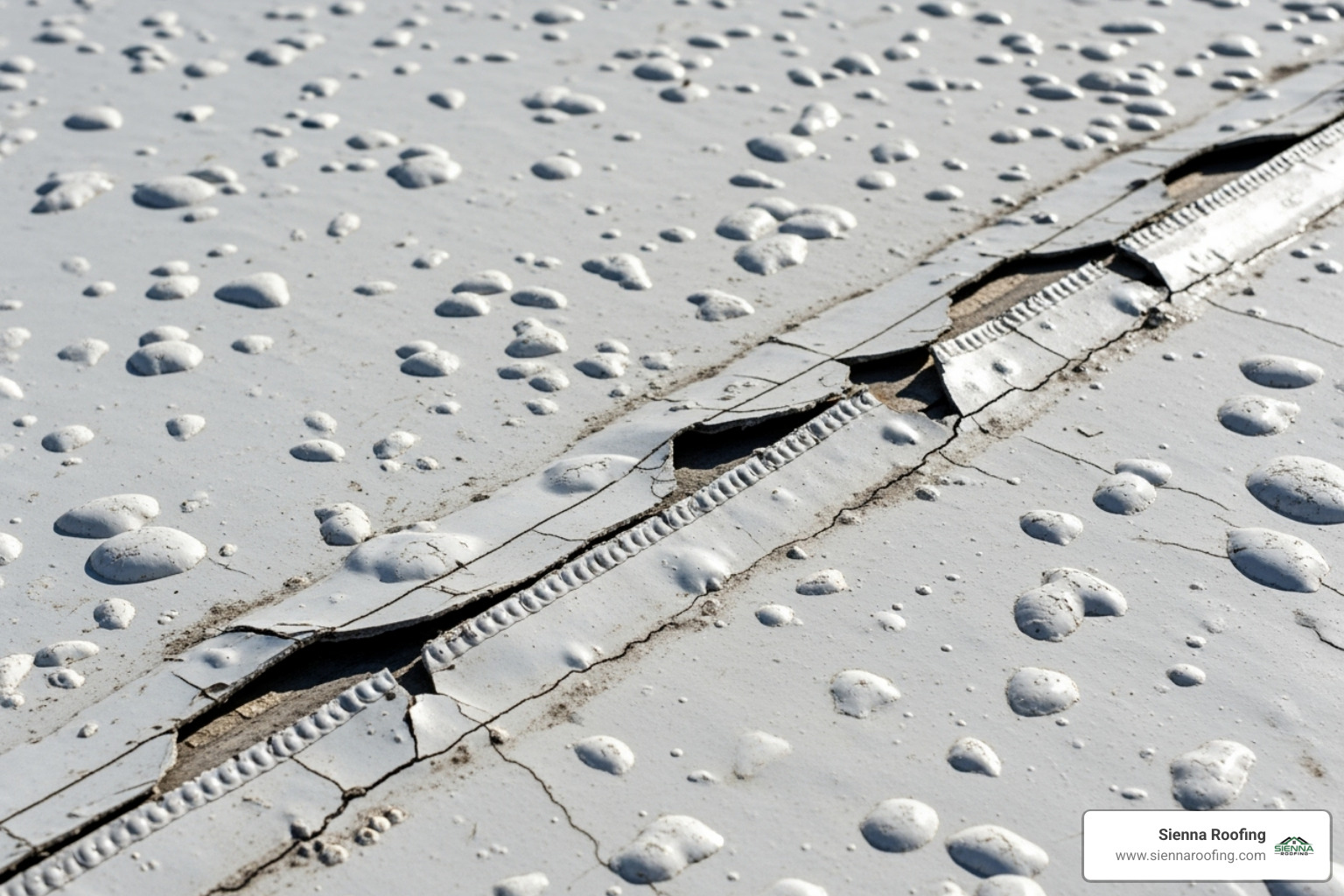 Damaged TPO roof showing cracked seams and blistering - TPO roof replacement Damaged TPO roof showing cracked seams and blistering - TPO roof replacement