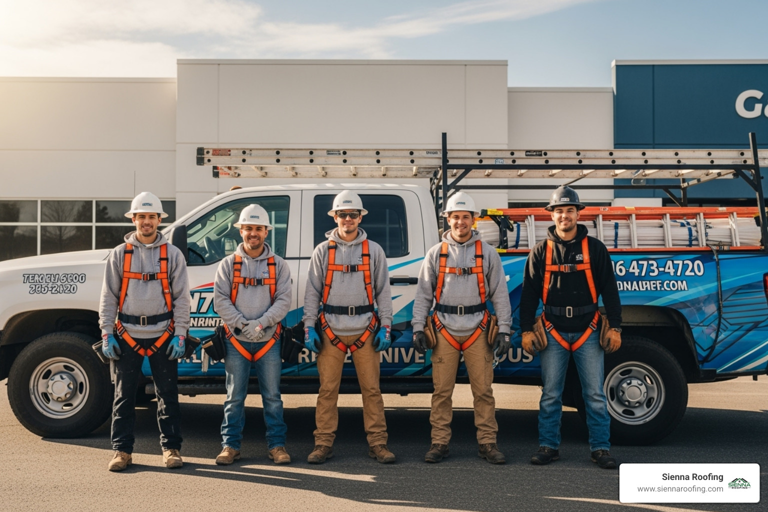 Sienna Roofing team members in safety harnesses standing proudly in front of a company truck - TPO roof replacement Sienna Roofing team members in safety harnesses standing proudly in front of a company truck - TPO roof replacement