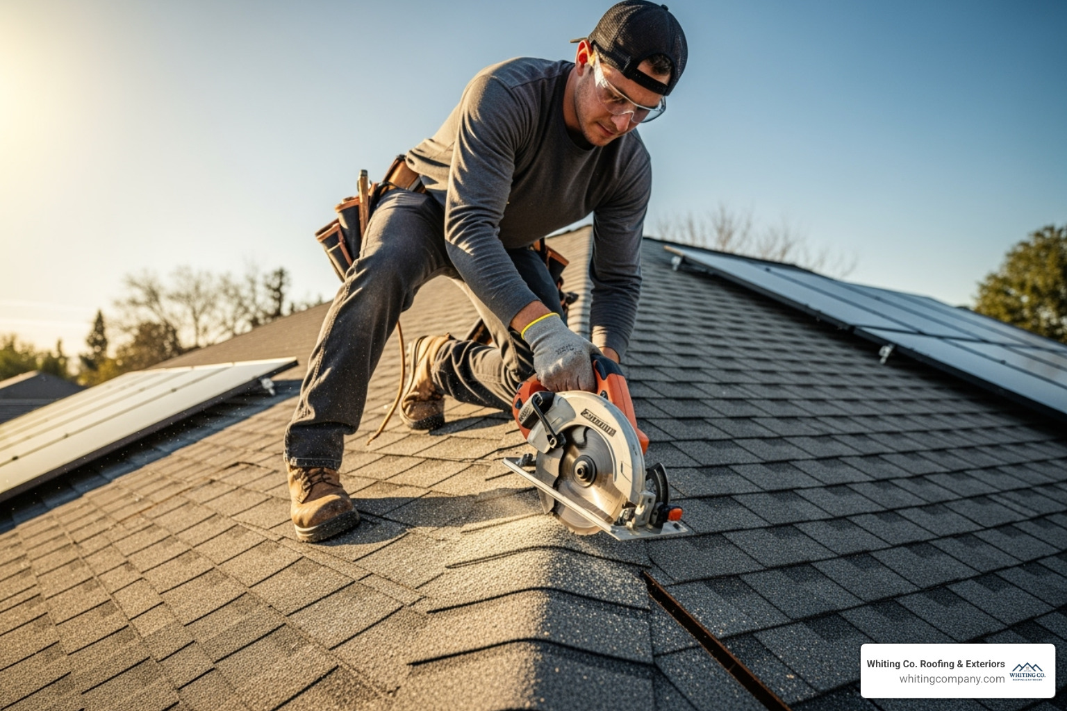 A roofer cutting the ridge slot with a circular saw, emphasizing safety and precision - Ridge vent installation