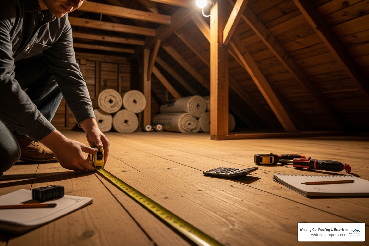 A person using a tape measure on an attic floor to determine square footage - Ridge vent installation