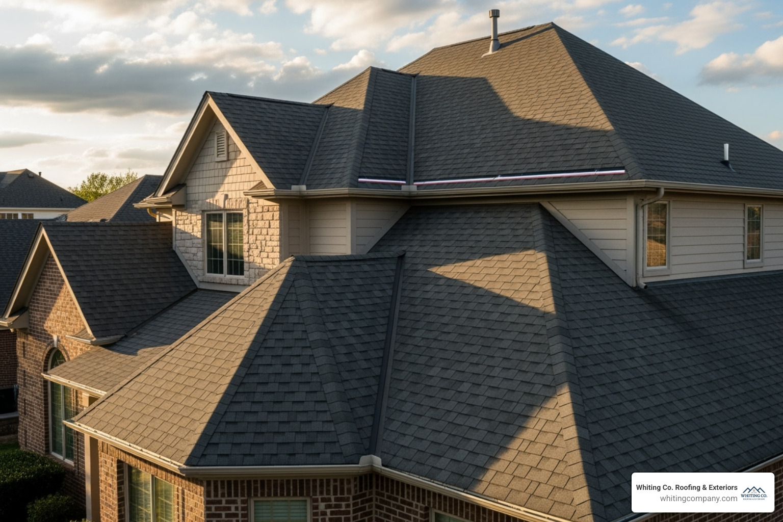 A complex hip roof with a ridge vent installed on the main ridge, showcasing careful planning for ventilation - Ridge vent installation