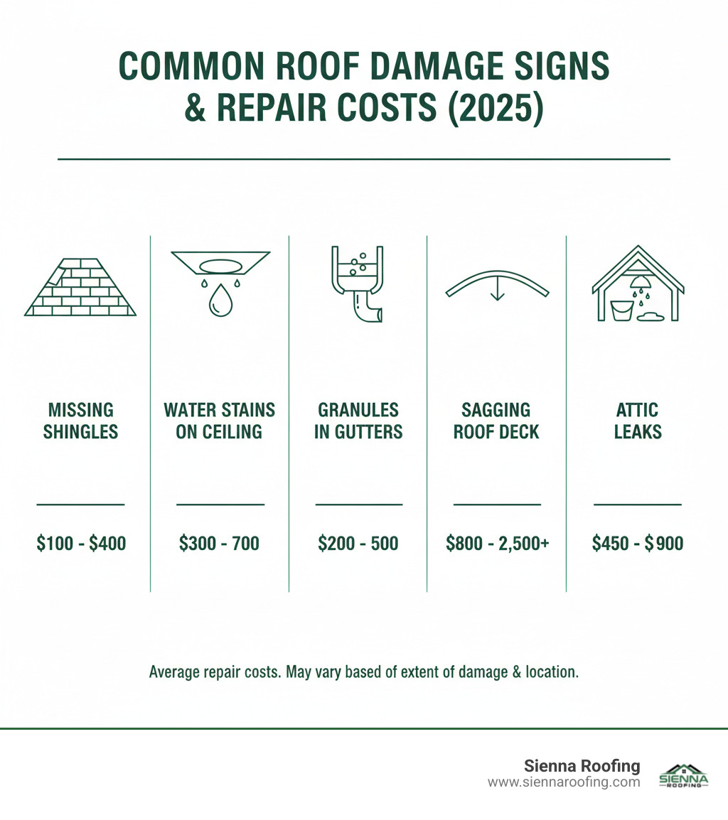 infographic showing common signs of roof damage including missing shingles, water stains on ceilings, granules in gutters, sagging roof deck, and attic leaks with average repair costs for each issue - affordable roof repair infographic  infographic showing common signs of roof damage including missing shingles, water stains on ceilings, granules in gutters, sagging roof deck, and attic leaks with average repair costs for each issue - affordable roof repair infographic