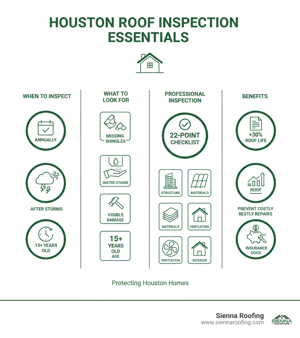 Infographic showing roof inspection essentials for Houston homeowners: Schedule annually and after storms; Look for missing shingles, water stains, granule loss, visible damage, and age over 15 years; Professional inspection includes 22-point checklist covering structure, materials, ventilation, and interior; Benefits include 30% longer roof life, insurance documentation, and preventing costly repairs - roof inspection Houston infographic Infographic showing roof inspection essentials for Houston homeowners: Schedule annually and after storms; Look for missing shingles, water stains, granule loss, visible damage, and age over 15 years; Professional inspection includes 22-point checklist covering structure, materials, ventilation, and interior; Benefits include 30% longer roof life, insurance documentation, and preventing costly repairs - roof inspection Houston infographic