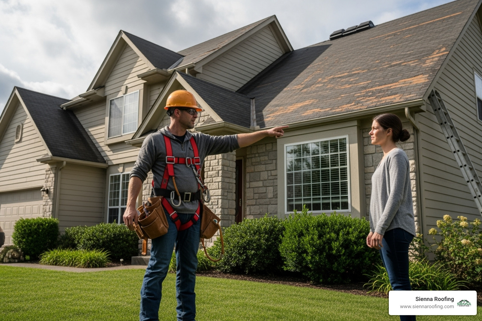 homeowner and roofer with safety harness discussing roof repair options - affordable roof repair homeowner and roofer with safety harness discussing roof repair options - affordable roof repair
