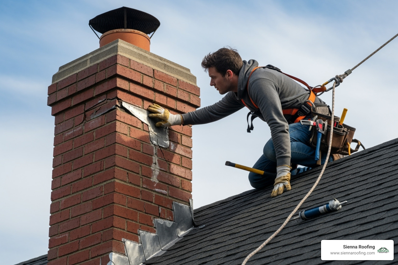 Roofer with safety harness inspecting cracked flashing around a chimney - roof inspection Houston Roofer with safety harness inspecting cracked flashing around a chimney - roof inspection Houston
